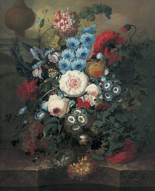 Jan van Os | Stilleven van bloemen in een vaas op een marmeren plint, olieverf op doek, 52,1 x 42,2 cm, gesigneerd r.o.
