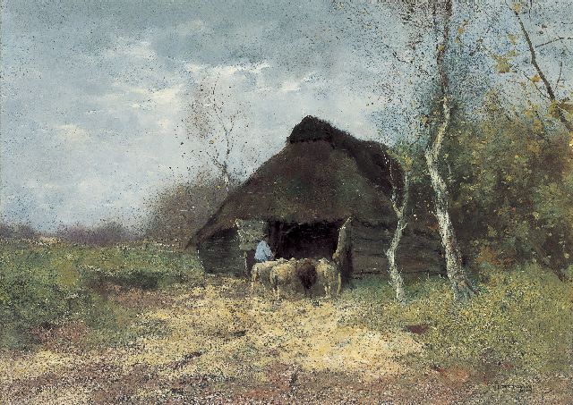 Johan Frederik Cornelis Scherrewitz | Bij de schaapskooi, olieverf op doek, 50,5 x 70,3 cm, gesigneerd r.o.