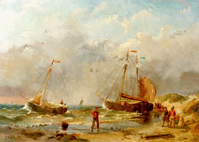 Jan Wiardi | Bedrijvigheid op het strand, olieverf op paneel, 20,0 x 30,0 cm, gesigneerd l.o. en gedateerd '84