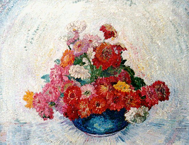 Jacobus Doeser | Vaas met zinnia's, olieverf op doek, 55,0 x 68,2 cm, gesigneerd r.o.