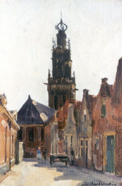 Jan Roelandse | Gezicht in Leiden met de toren van het Stadhuis, olieverf op doek op paneel, 32,5 x 21,6 cm, gesigneerd r.o.