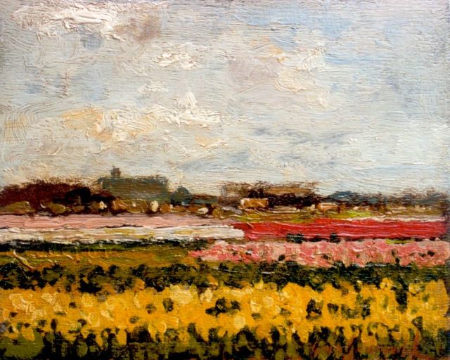 Cornelis Groeneveld | Bollenvelden, olieverf op paneel, 18,0 x 22,7 cm, gesigneerd r.o.