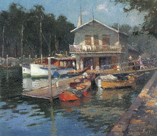 A.P. Schotel | Jachthaven met clubhuis van de KDRZV, Dordrecht, olieverf op doek, 59,5 x 68,5 cm, gesigneerd r.o. en gedateerd '22
