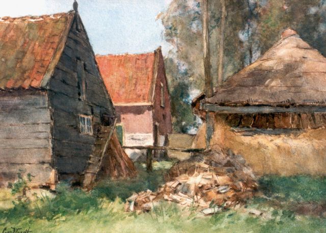 Chris van der Windt | Achter de boerderij, aquarel op papier, 26,0 x 36,0 cm, gesigneerd l.o.