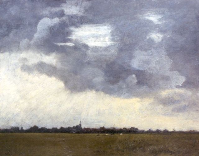 Jan Voerman sr. | Gezicht op Hattem bij doorbrekende zon, olieverf op doek, 32,0 x 39,7 cm, gesigneerd l.o. mon en verso