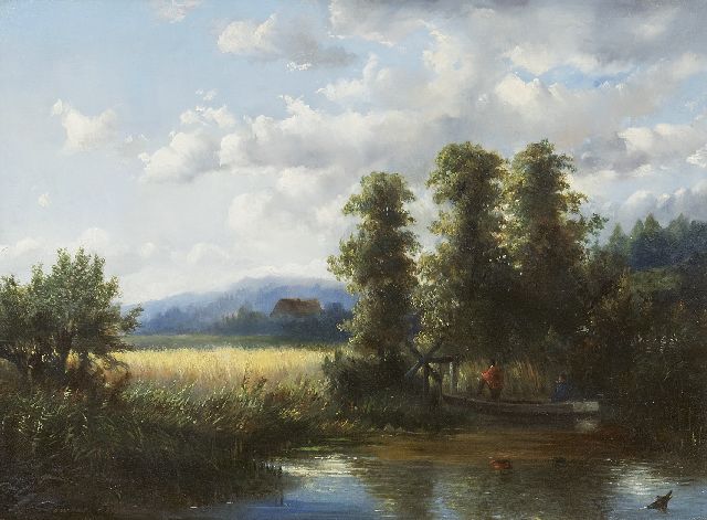 Hendrik Dirk Kruseman van Elten | Landschap met korenveld en vissers, olieverf op paneel, 28,0 x 37,0 cm, gesigneerd l.o.