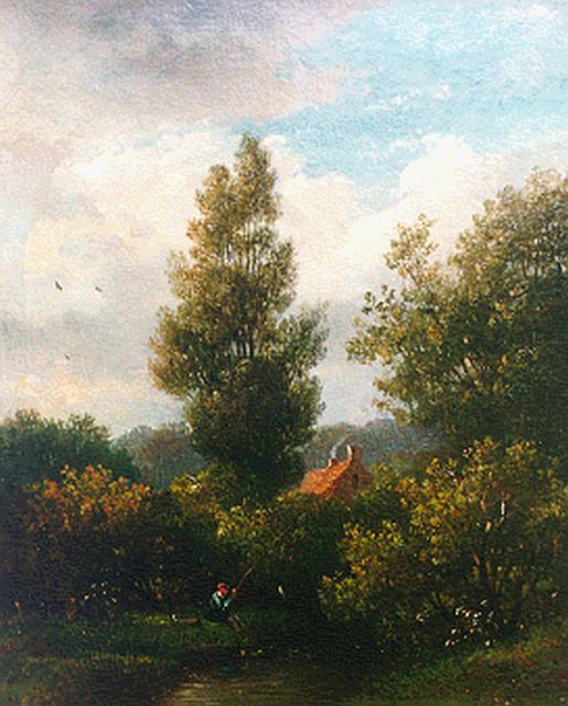 Johannes Pieter van Wisselingh | Vissertje heeft beet, olieverf op paneel, 31,7 x 26,2 cm, gesigneerd r.o. (resten)