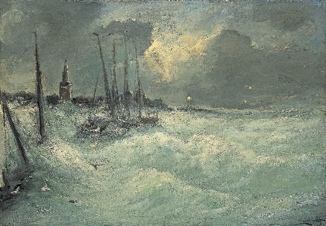 Louis Apol | Haven bij storm, olieverf op doek, 55,8 x 80,0 cm, gesigneerd r.o.