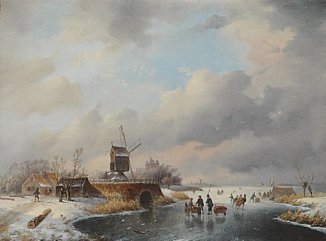 Jan Hendrik Willem Hoedt | IJsgezicht met schaatsers rond een koek-en-zopie, olieverf op doek, 35,9 x 46,7 cm, gesigneerd l.o. met monogram