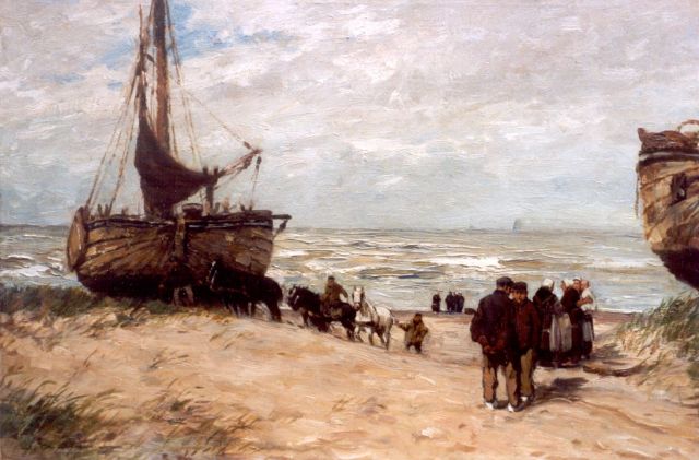 Wilhem Hambüchen | Bommen en vissersvolk op het strand van Katwijk, olieverf op doek, 50,0 x 75,0 cm, gesigneerd l.o.