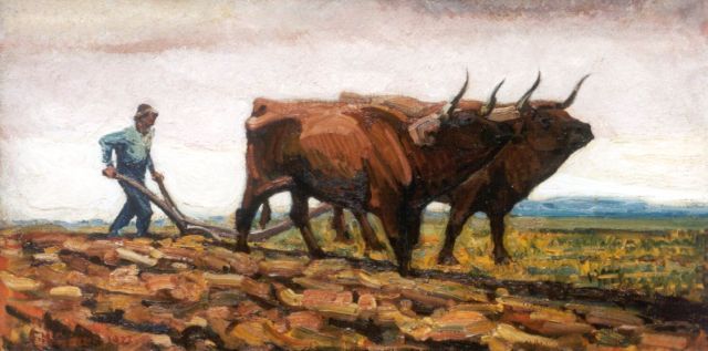 Herman Gouwe | Ploegende ossen, olieverf op doek, 43,2 x 85,3 cm, gesigneerd l.o. en gedateerd 1922