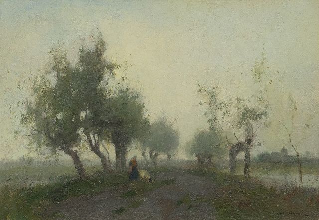 Aris Knikker | Boerin met geitje op een polderweg, olieverf op doek, 30,0 x 43,5 cm, gesigneerd r.o.