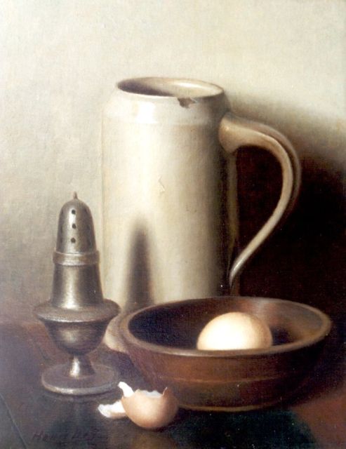 Henk Bos | Stilleven met een stenen kroes, ei en nap, olieverf op doek, 30,5 x 24,3 cm, gesigneerd l.o.