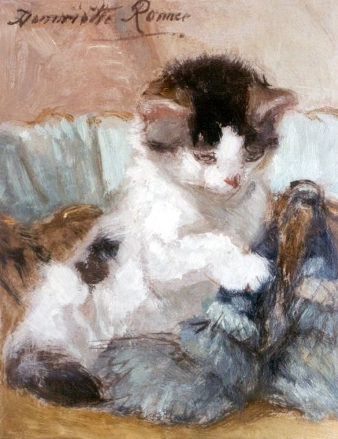 Henriette Ronner-Knip | Spelend katje, olieverf op papier op paneel, 20,2 x 15,9 cm, gesigneerd l.b.