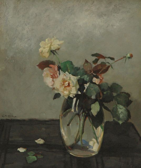 Piet Groen | Rozen in glazen vaas, olieverf op schilderskarton, 58,1 x 49,0 cm, gesigneerd l v/h m