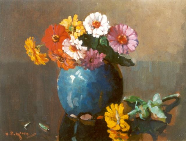 Piet Groen | Zinnia's, olieverf op doek, 35,5 x 45,5 cm, gesigneerd l.o.