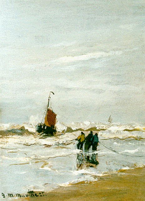 Morgenstjerne Munthe | Lijnhaalders in de branding, olieverf op paneel, 20,1 x 15,0 cm, gesigneerd l.o. en gedateerd '25