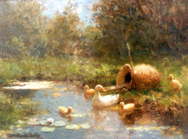 Constant Artz | Eend met kuikens bij de broedkorf, olieverf op paneel, 18,1 x 24,1 cm, gesigneerd l.o.