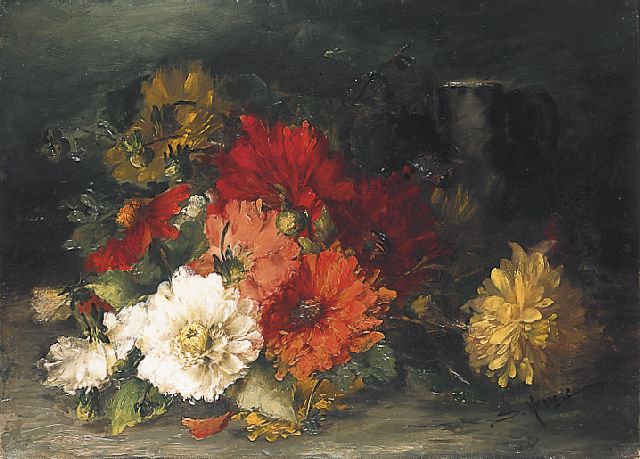 Sara Hense | Bloemstilleven met dahlia's, olieverf op doek, 41,8 x 57,5 cm, gesigneerd r.o.