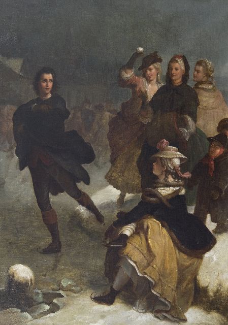 Duitse School (naar Wilhelm von Kaulbach) | Goethe als schaatsenrijder op de Main bij Frankfurt, olieverf op doek, 63,8 x 46,0 cm, te dateren ca. 1870
