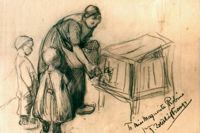 Jan Zoetelief Tromp | Konijntje voeren, tekening op papier, 24,5 x 33,5 cm, gesigneerd r.o.