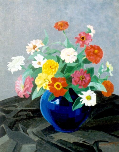 Dirk Smorenberg | Zinnia's, olieverf op doek, 50,1 x 40,2 cm, gesigneerd r.o. en gedateerd '24