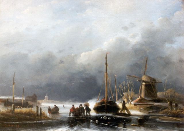 Cornelis Petrus 't Hoen | Een winterlandschap met figuren bij een ingevroren schuit, olieverf op paneel, 21,2 x 29,2 cm, gesigneerd l.o. en gedateerd '49