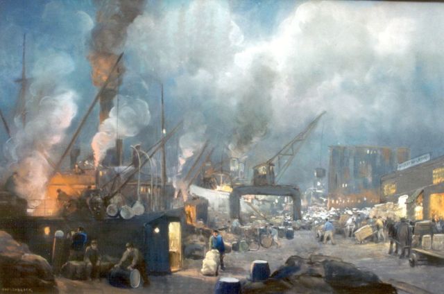Herman Heijenbrock | Bedrijvigheid op een laadkade, pastel op papier, 62,5 x 95,0 cm, gesigneerd l.o.