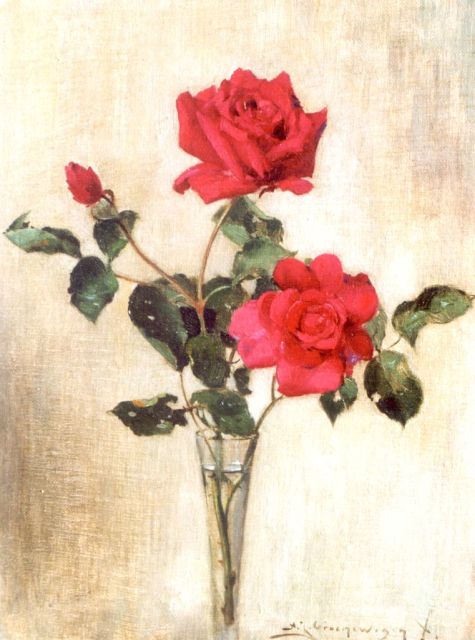 Adriaan Groenewegen | Rozen, olieverf op doek op paneel, 33,6 x 25,5 cm, gesigneerd r.o.