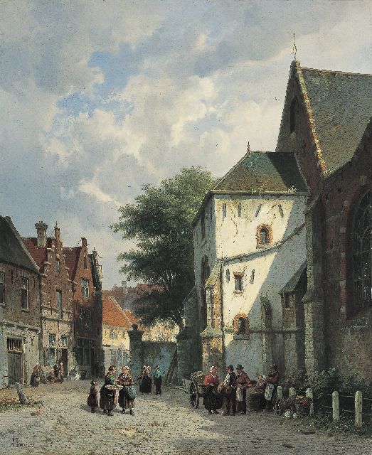 Adrianus Eversen | Bedrijvigheid bij een kerk, olieverf op doek, 56,7 x 46,6 cm, gesigneerd l.l.  en met monogram