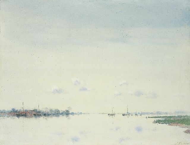 Jan Voerman sr. | IJsselgezicht met tjalken en zandtrekkers, olieverf op paneel, 40,1 x 52,2 cm, gesigneerd r.o.