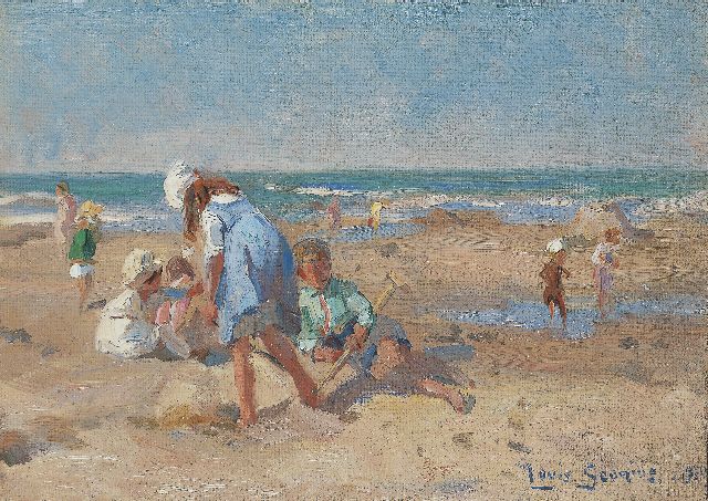 Louis Soonius | Strandvermaak, olieverf op doek op paneel, 18,4 x 24,1 cm, gesigneerd r.o. en gedateerd 1920