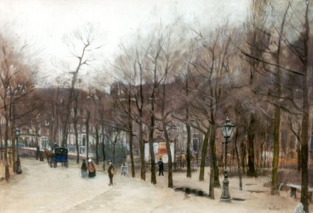 Geo Poggenbeek | Stadsgezicht met figuren, Amsterdam, aquarel op papier, 40,3 x 57,4 cm, gesigneerd r.o.
