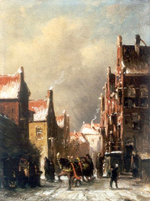 Petrus Gerardus Vertin | Winters straatje met arrenslee, olieverf op paneel, 15,7 x 11,7 cm, gesigneerd l.o. en onduidelijk gedateerd (?)5