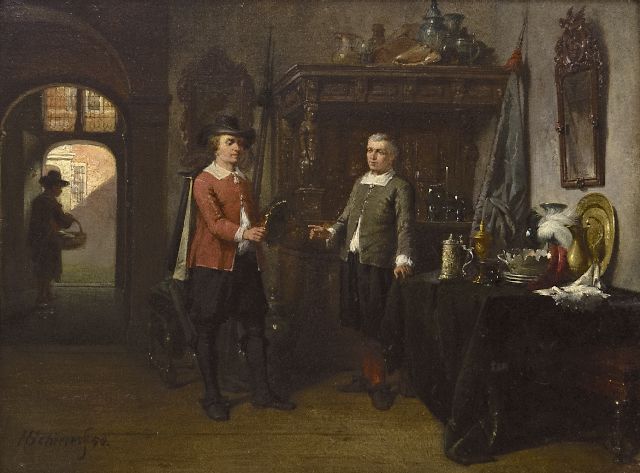 Hendricus Johannes Scheeres | De connaisseurs, olieverf op paneel, 17,6 x 23,6 cm, gesigneerd l.o. en gedateerd '58