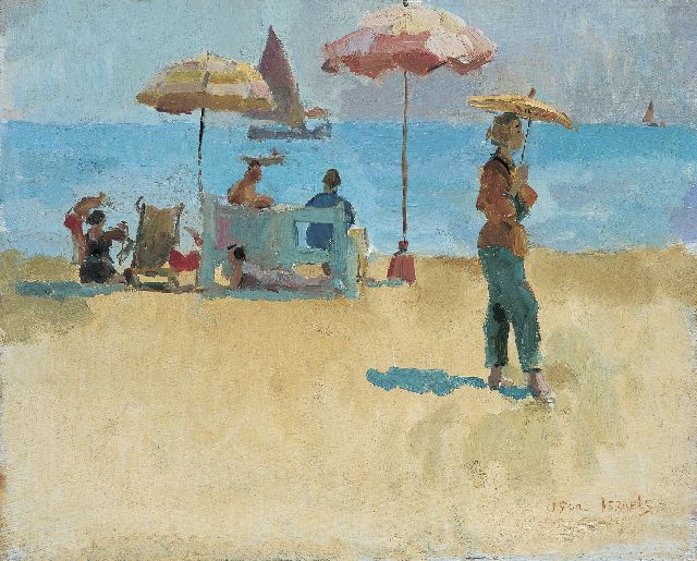 Isaac Israels | Strand met figuren en parasols, olieverf op doek, 40,1 x 50,3 cm, gesigneerd r.o.