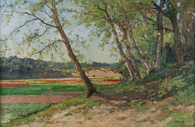 Adriaan Keus | Bosrand met uitzicht op bollenvelden, olieverf op doek, 54,0 x 81,2 cm, gesigneerd r.o.