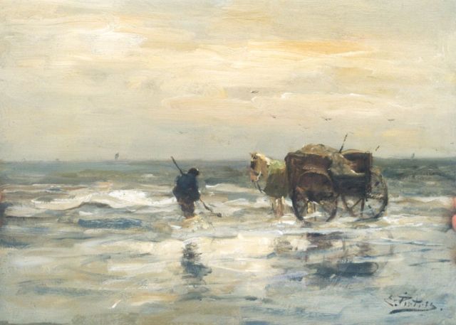 Evert Pieters | Schelpenvisser met kar langs de waterlijn, olieverf op paneel, 26,5 x 35,8 cm, gesigneerd r.o.