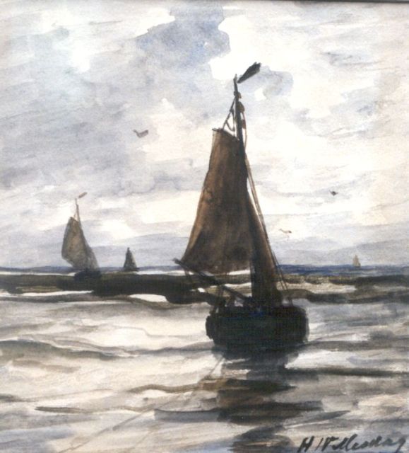 Hendrik Willem Mesdag | Aangemeerde bom in de branding, aquarel op papier, 19,5 x 17,0 cm, gesigneerd r.o.