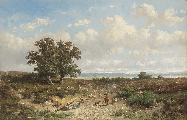 Anthonie Jacobus van Wijngaerdt | Heidelandschap met herder en schapen, olieverf op paneel, 23,5 x 36,0 cm, gesigneerd r.o.
