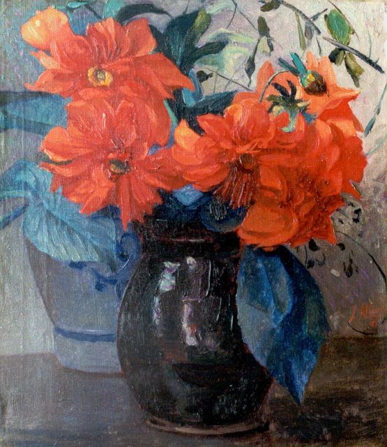 Jan Altink | Stilleven met dahlia's, olieverf op doek, 39,2 x 34,5 cm, gesigneerd r.o. en gedateerd '18