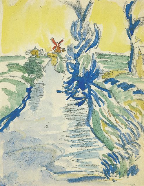 Jan Altink | Sloot met rode molen, potlood en aquarel op papier, 20,0 x 15,5 cm, gesigneerd l.o. met initialen