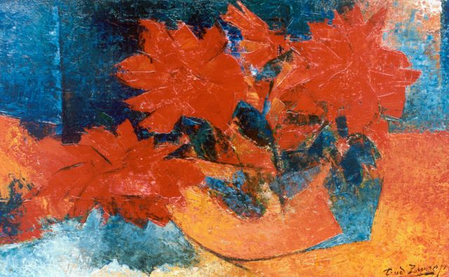 Zweep D.J. van der | Rode bloemen in een kom, olieverf op doek 36,2 x 56,2 cm, gesigneerd r.o.