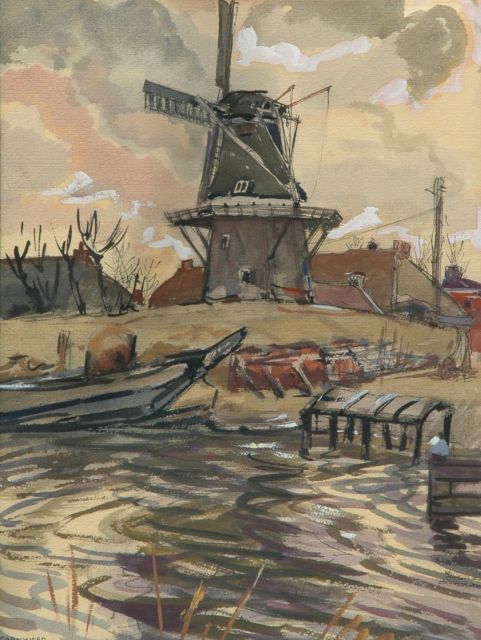 Jannes de Vries | Molen in Garnwerd, Oost-Indische inkt en gouache op papier, 49,2 x 37,5 cm, gesigneerd l.o. met mon en gedateerd 27-3-'54