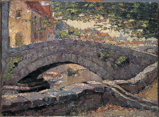 Joseph Raphael | Gezicht op de Meebrug te Brugge, olieverf op doek, 24,5 x 33,5 cm, gesigneerd recto met resten van signatuur; verso voluit en verso gedateerd 1932