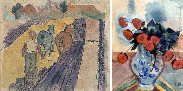 Jan Altink | Ploegende boer; verso: Bloemstilleven, aquarel op papier, 43,3 x 54,2 cm, gesigneerd verso en verso gedateerd '24