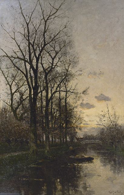 Fredericus Jacobus van Rossum du Chattel | Hoveniersbootje bij ondergaande zon, olieverf op doek, 140,6 x 90,4 cm, gesigneerd r.o.