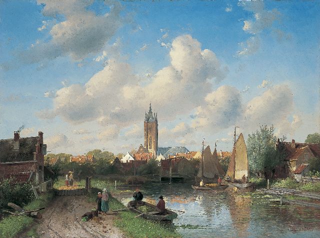 Charles Leickert | Zomers riviergezicht bij een stad, olieverf op paneel, 41,6 x 56,2 cm, gesigneerd r.o. en gedateerd '72
