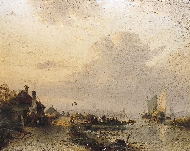 Charles Leickert | Rivierlandschap met veerpont, olieverf op doek, 60,8 x 76,0 cm, gesigneerd l.o. en gedateerd '54