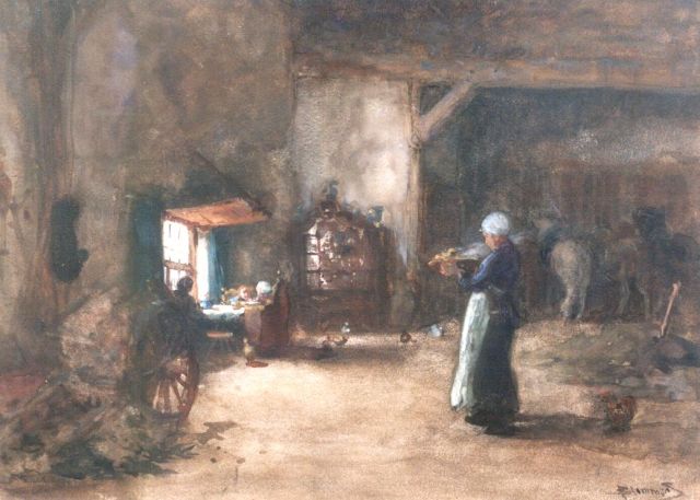 Bernard Blommers | Opdienen van het eten in de deel, aquarel op papier, 35,5 x 48,3 cm, gesigneerd r.o.
